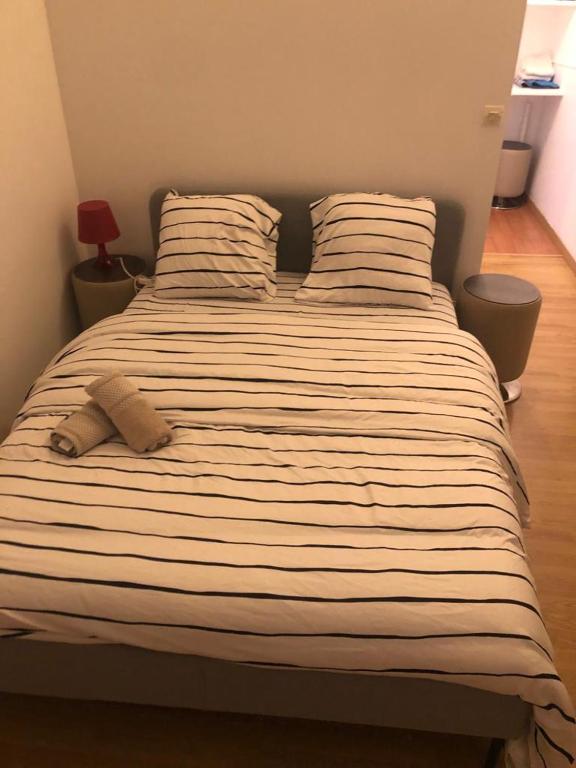 a large bed with two pillows on top of it at Beau F2 Paris face gare de Rosny in Rosny-sous-Bois