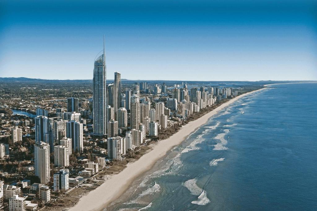 an aerial view of a beach and buildings at Gorgeous Private Suite with Balcony in Gold Coast