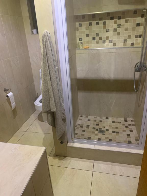 uma casa de banho com um chuveiro, um lavatório e um WC. em Korb Residence em Centurion