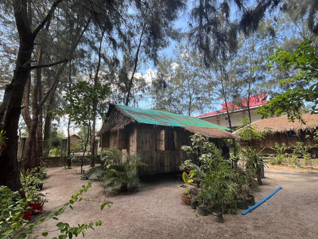 Botolan的住宿－Jardim Da Praia，一座带绿色屋顶的小型木制建筑