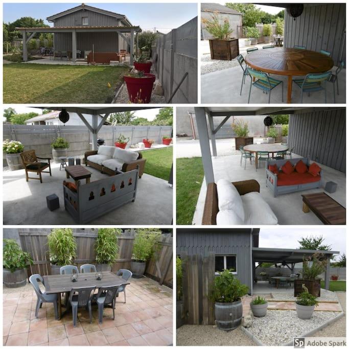 une série de quatre photos d'un patio avec une table et des chaises dans l'établissement Jolie maison en bois au coeur du Médoc, à Bégadan