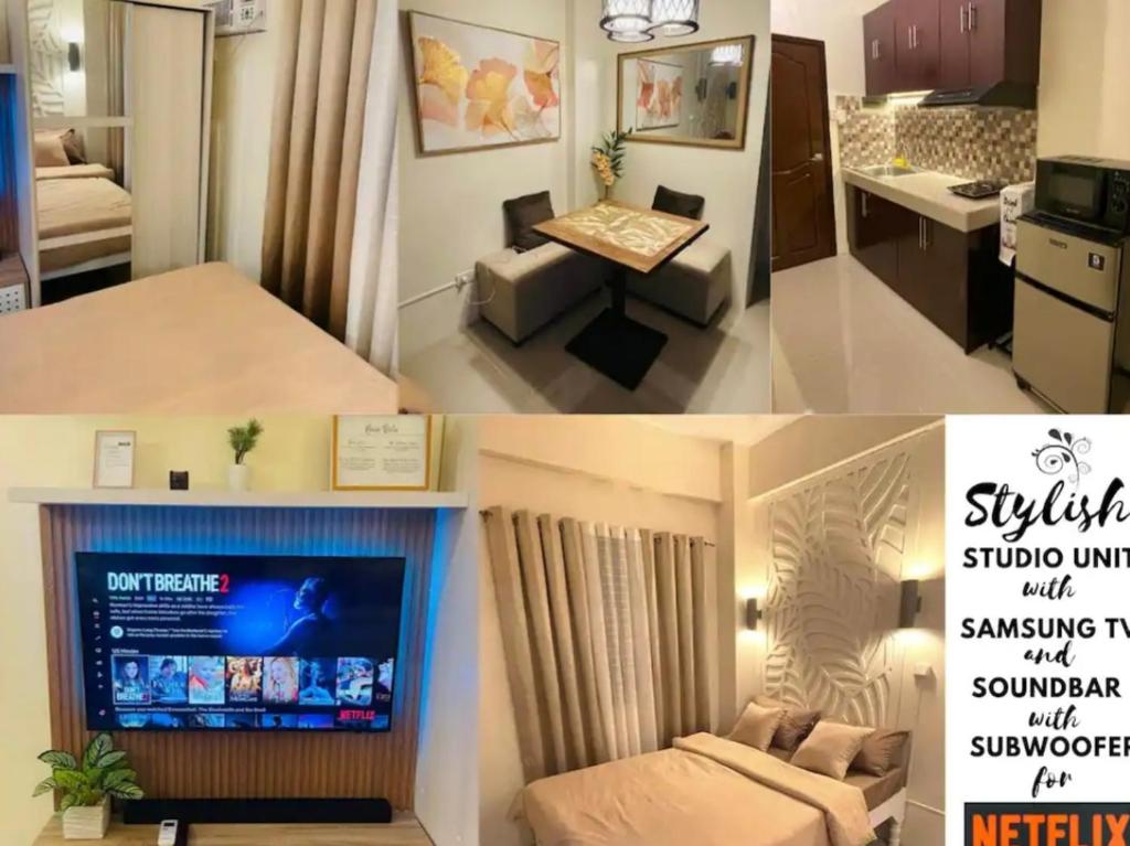 a collage of photos of a living room and a kitchen at Cozy Condo with Surround Sound for Netflix in Manila