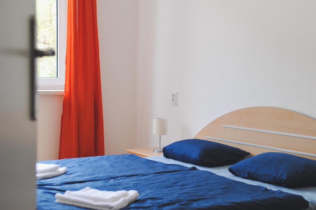 a bedroom with two beds with blue pillows and a window at Apartmán Rybná - Kraslice in Kraslice