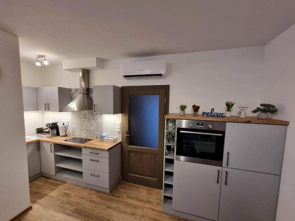 Kuchyň nebo kuchyňský kout v ubytování Podkrovní studio na Velkém náměstí s Wi-Fi zdarma