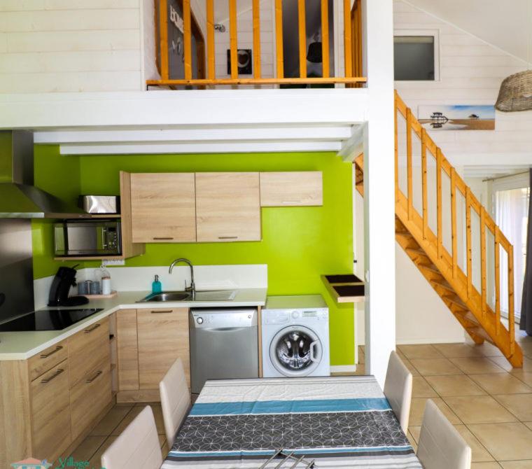 a kitchen with green walls and a sink and a dishwasher at Village Drôles d&#39;Oiseaux in Le Teich