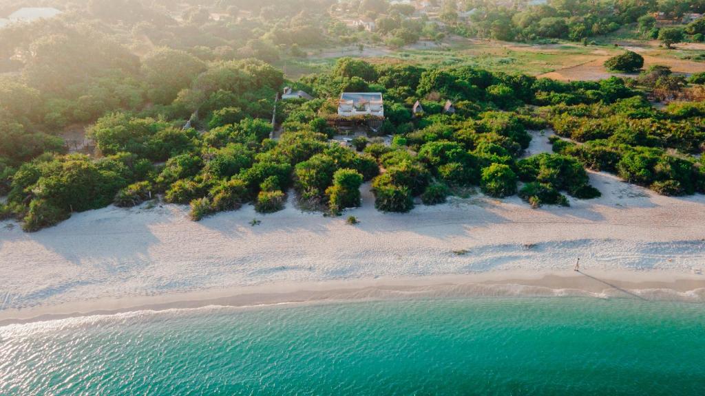 an aerial view of a beach with trees and the ocean at The Slow Leopard Kilwa in Kilwa Masoko