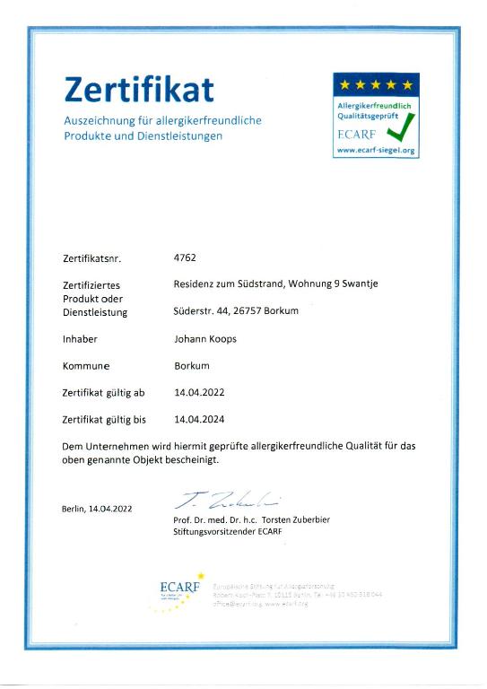 Certifikát, hodnocení, plakát nebo jiný dokument vystavený v ubytování Swantje in Residenz zum Südstrand