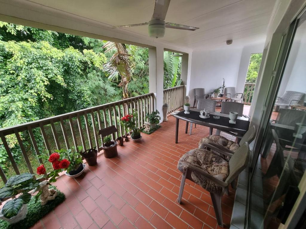 een veranda met een tafel en stoelen en potplanten bij 56 The Bridge St Lucia in St Lucia