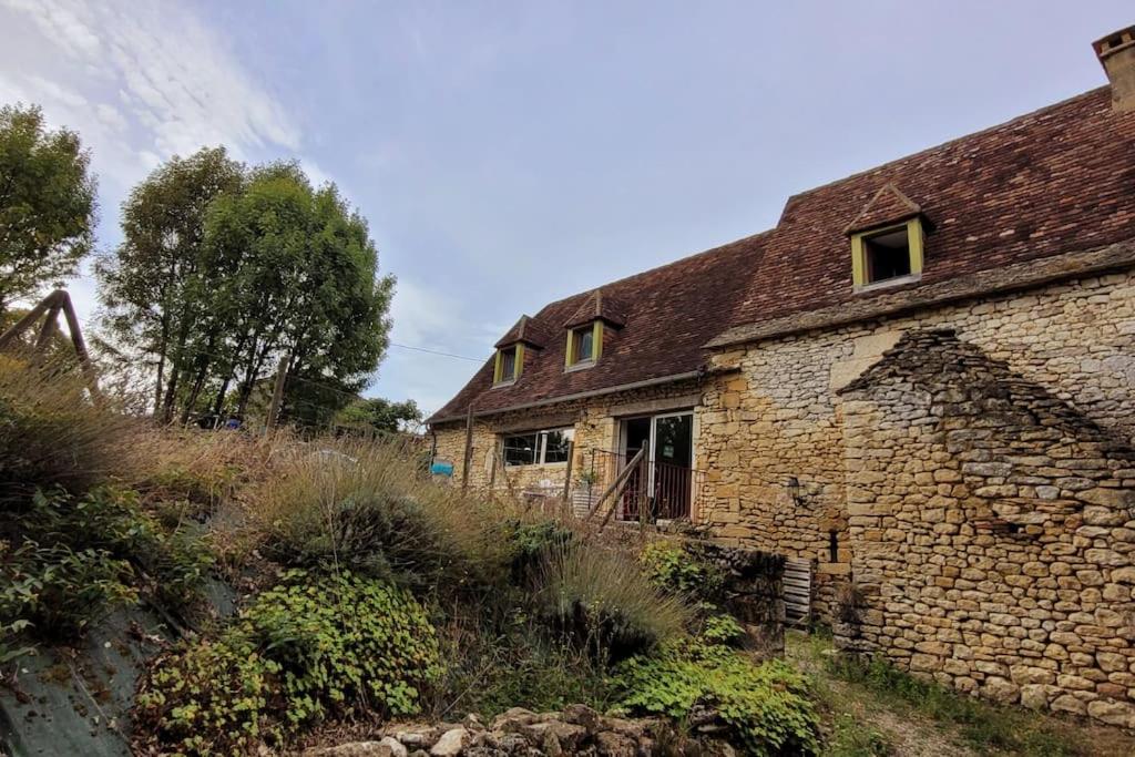 an old stone house in a field of weeds at Maison périgourdine avec vue et piscine chauffée in Peyzac-le-Moustier