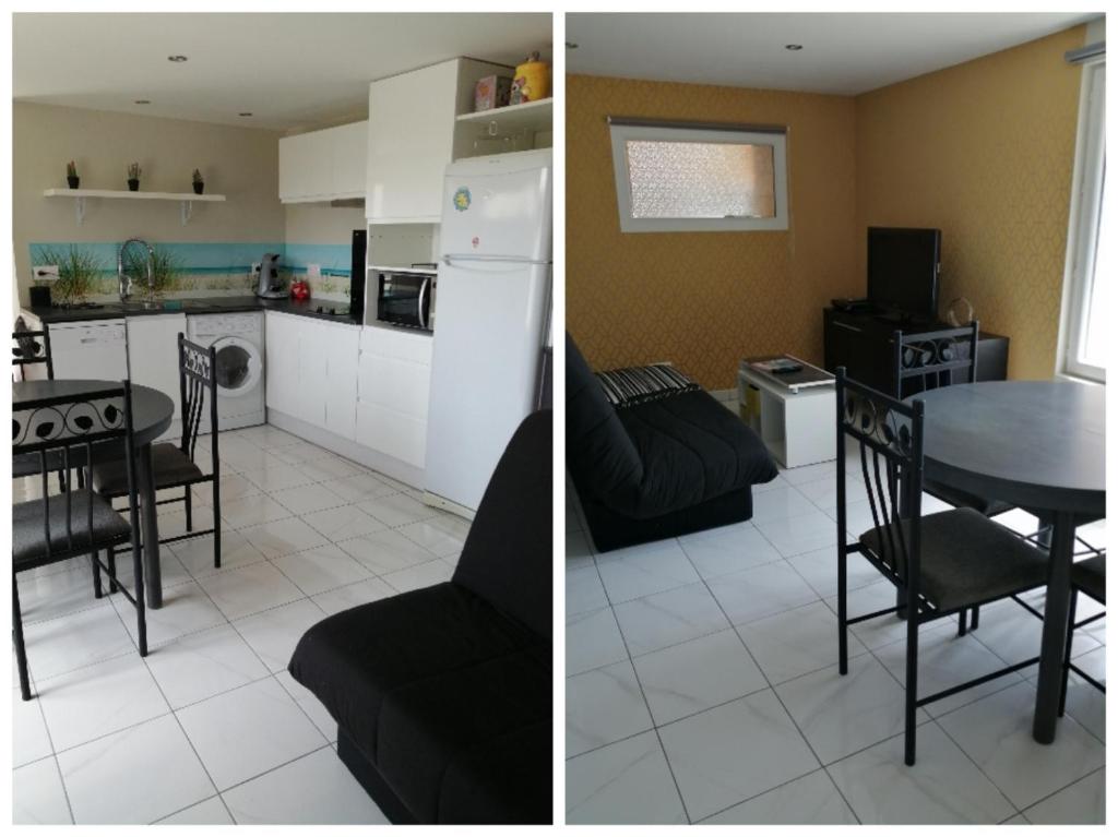 two pictures of a kitchen and a living room at Gite Bin Benaise sans linge in Pamproux