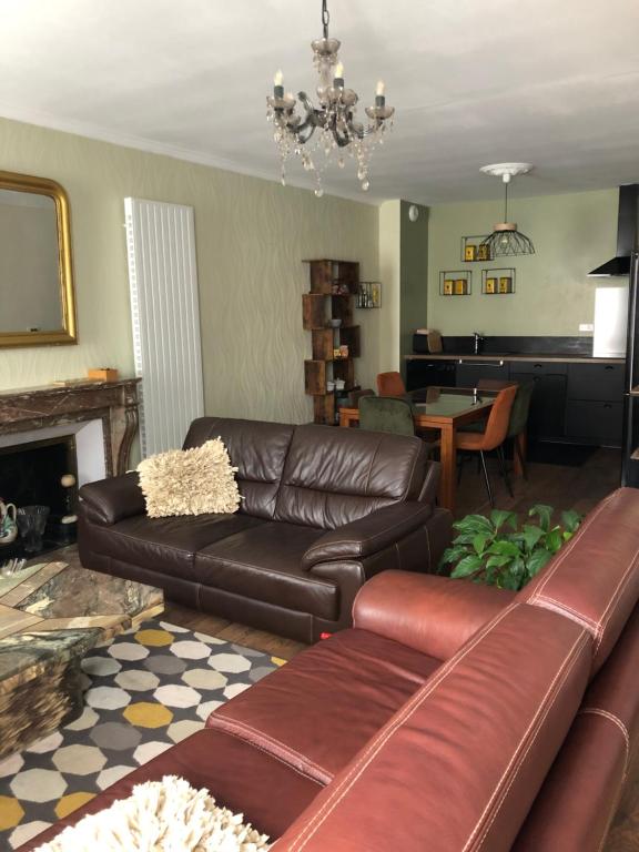 sala de estar con sofá de cuero y chimenea en Le 2 BIS, en Langres