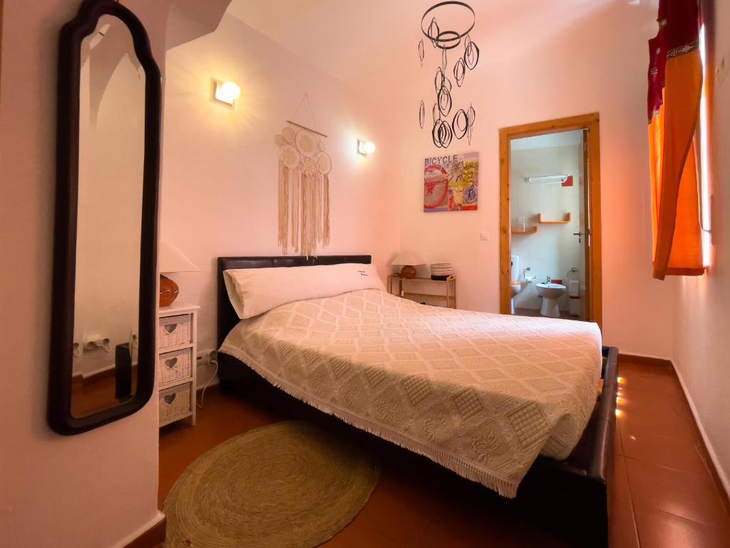 a bedroom with a bed and a mirror at Acolhedor espaço no centro da cidade in Évora