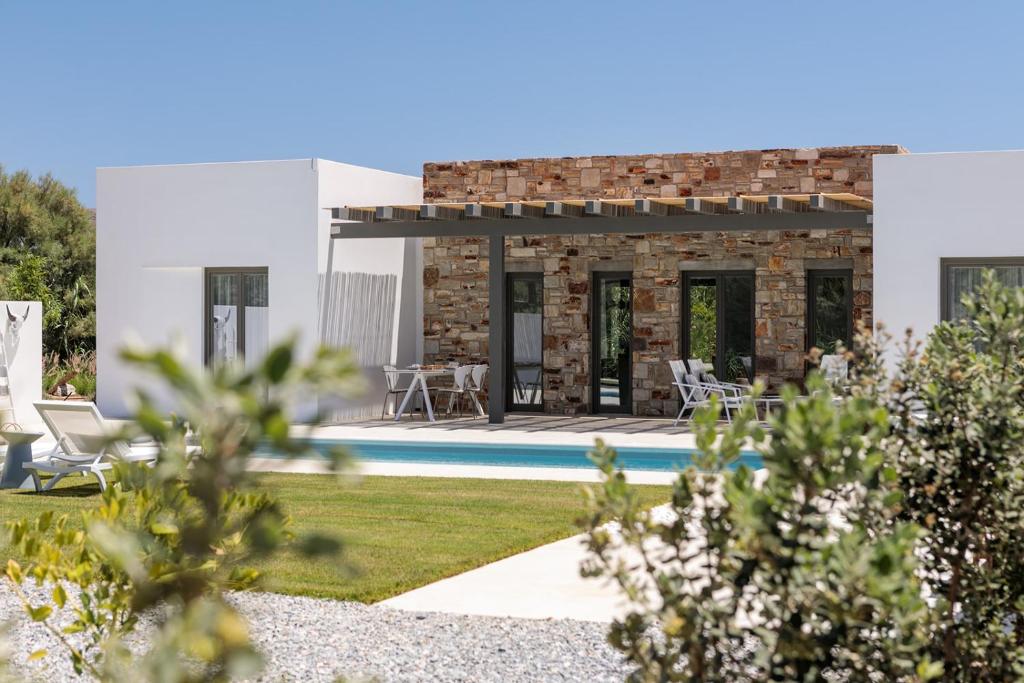 a house with a swimming pool and a brick building at STONE VILLA NAXOS in Naxos Chora