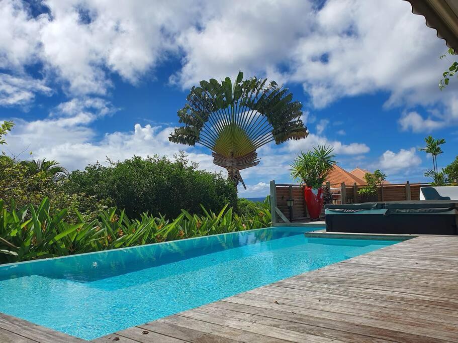 a swimming pool with a palm tree in the background at Villa Cocon Bleu , plage à pied ! in Sainte-Luce