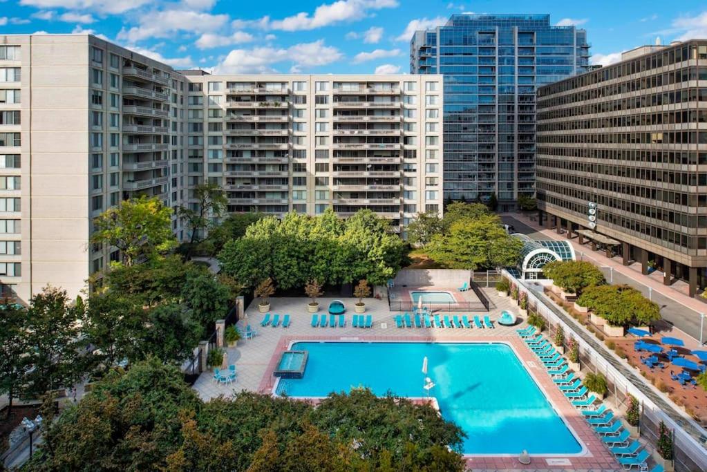 an overhead view of a pool in a city with buildings at Modern Condo at Crystal City with pool in Arlington