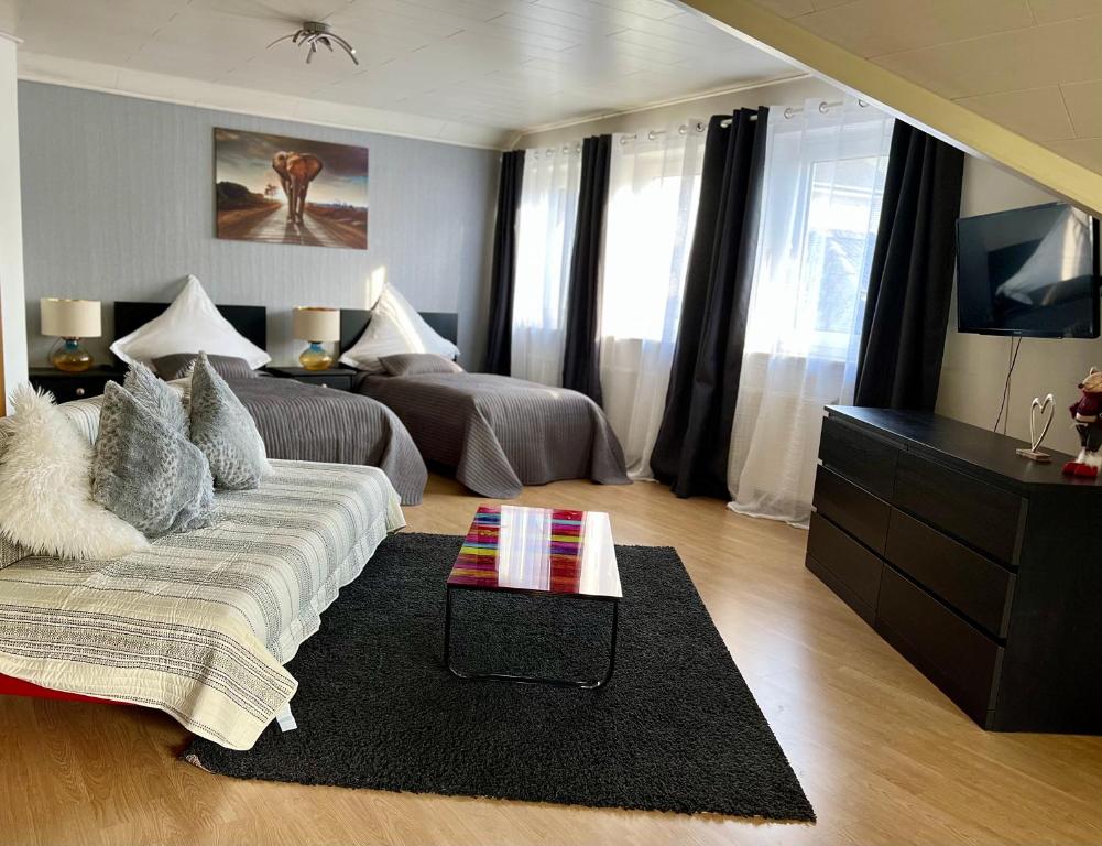 ein Wohnzimmer mit einem Sofa und einem TV in der Unterkunft Pension Marco in Trendelburg