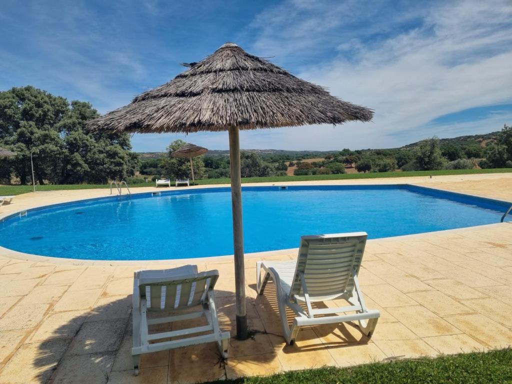 2 sillas y sombrilla junto a la piscina en Villa Infinity, en Cuba