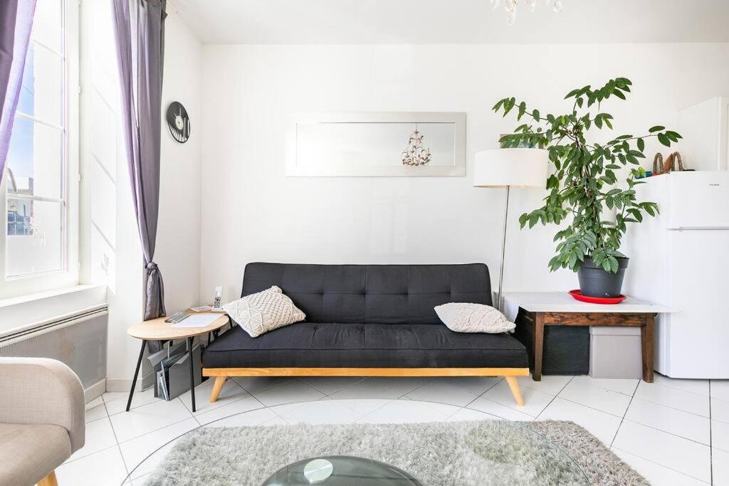 un salon avec un canapé noir et une plante en pot dans l'établissement Charmante maison à 10 minutes à pied de la plage, à Saint-Georges-de-Didonne