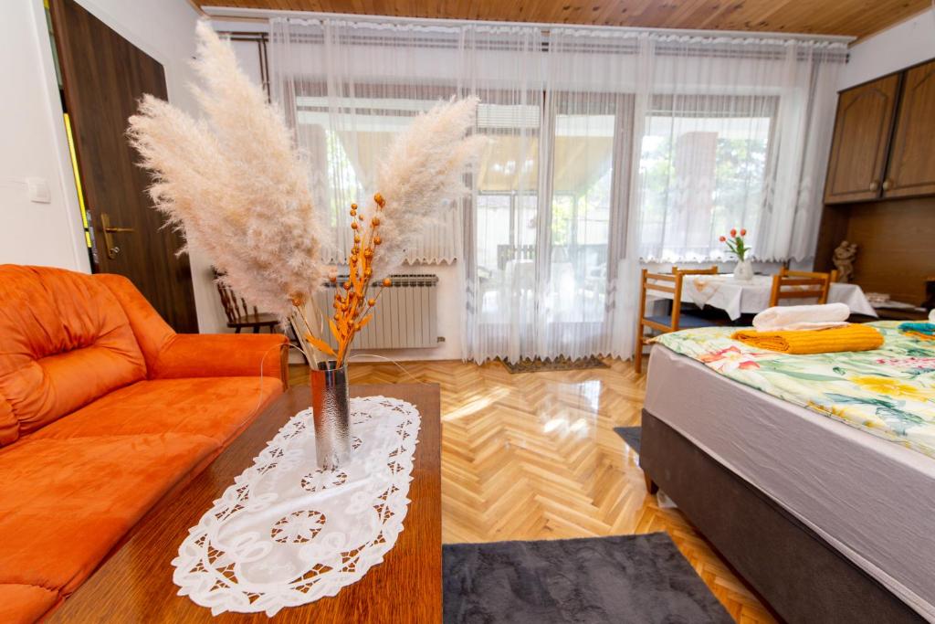 sala de estar con sofá y mesa con plumas en Studio apartman Ivana, en Gradište