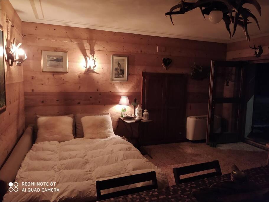 a bedroom with a bed with a wooden wall at Da Meme' in Paesana