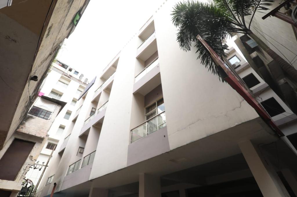 a white building with a palm tree in front of it at Hotel Global inn Hussainganj Lucknow in Lucknow