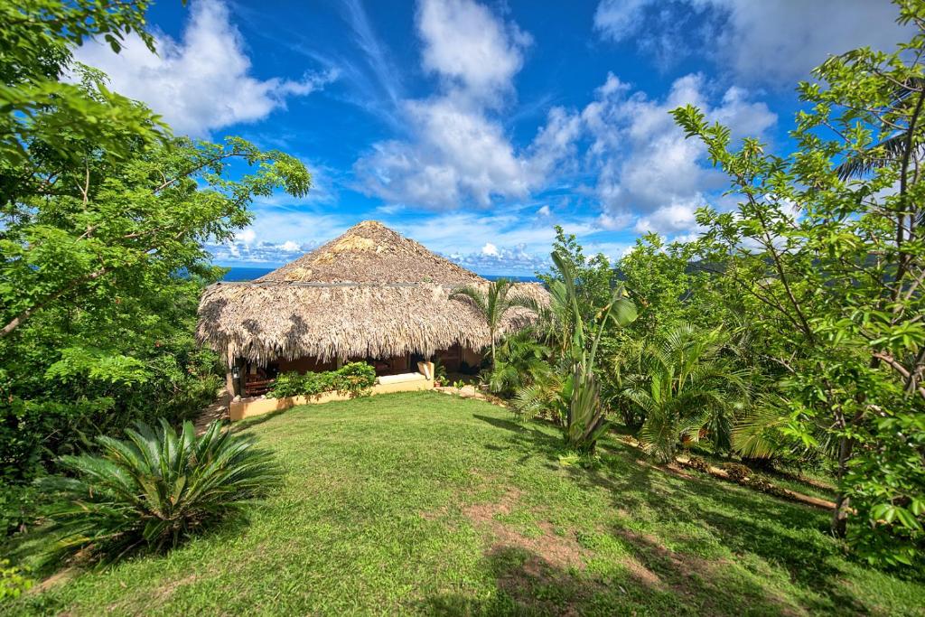 a resort with a thatched roof and a yard at Casa La Bambulera en el corazon de Samana in El Limón