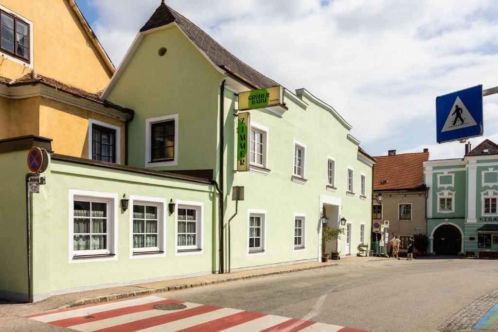 多瑙河畔毛特恩的住宿－Grüner Baum Wachau - Retro Frühstückspension，街道边的一组建筑物