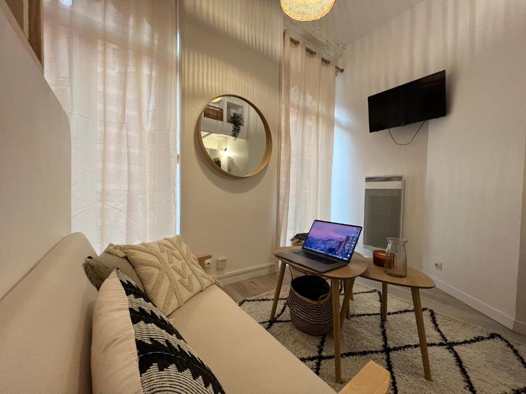 ein Wohnzimmer mit einem Sofa und einem Laptop auf dem Tisch in der Unterkunft Le Nid douillet - HyperCentre - à 2 Pas de la Gare in Toulouse
