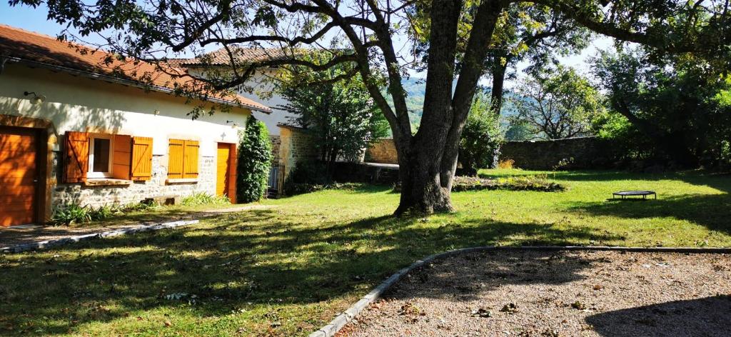 a yard with a tree and a house at EVASION NATURE ET CONVIVIALITÉ in Sourcieux-les-Mines