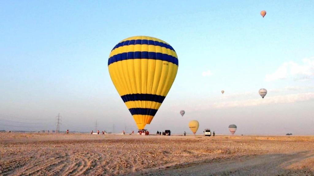 a group of hot air balloons flying over a field at Karnak flat in Luxor