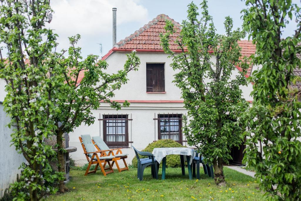 una casa con mesa y sillas en el patio en Apartmán na sklepě, en Velké Pavlovice