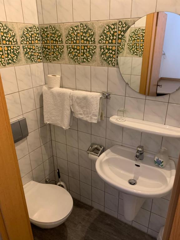 a bathroom with a sink and a toilet and a mirror at Landgasthof Zum Ring in Ringleben