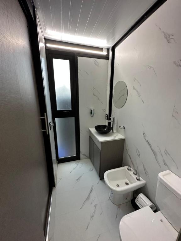 La salle de bains est pourvue de toilettes, d'un lavabo et d'un miroir. dans l'établissement Greenboxaparts, à Firmat