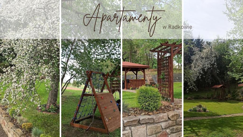 a collage of four pictures of a garden with a gazebo at Stara Kuźnia Radków in Radków