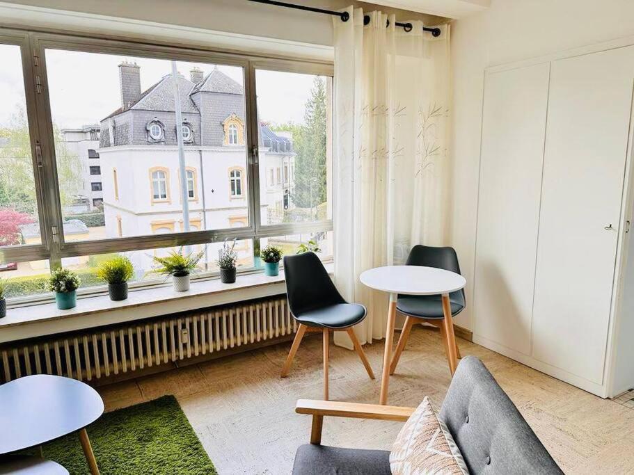 sala de estar con mesa, sillas y ventana en Spacious 1 bed in the Heart of City Center - 21 en Luxemburgo