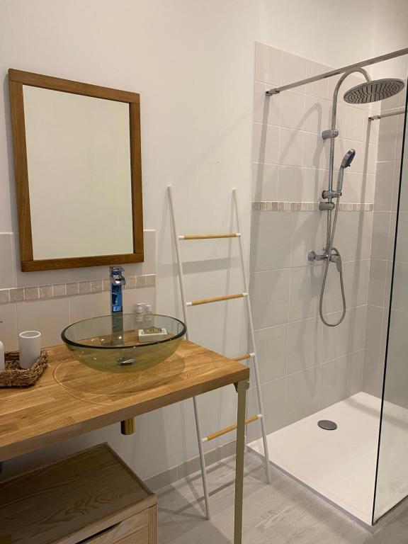 a bathroom with a glass sink and a shower at Dépendance privée à la campagne in Saint-Cirice