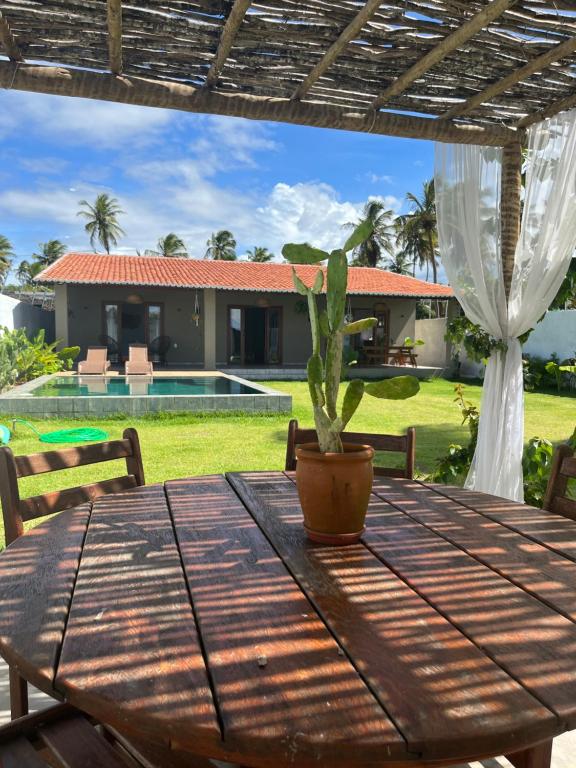 een houten tafel met een cactus bovenop bij Casa Palma in São Miguel do Gostoso