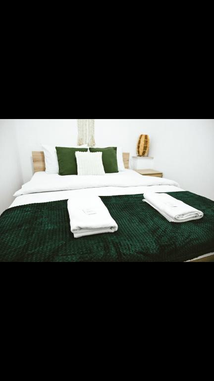 sypialnia z dużym łóżkiem z zieloną pościelą i ręcznikami w obiekcie Brasov Accomodation1 w Braszowie