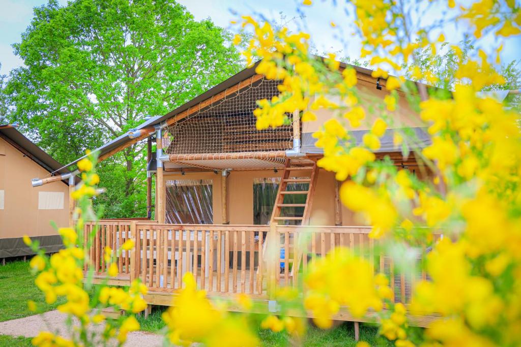 a house with a deck with yellow flowers in the foreground at Vakantiepark Sallandshoeve in Nieuw-Heeten