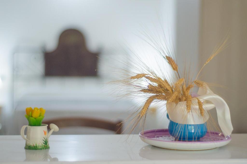 un jarrón con plumas sentado en una mesa en Agriturismo "PIRASTRERI" en Siniscola