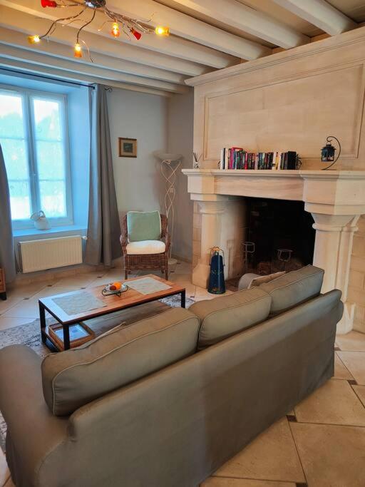 un salon avec un canapé et une cheminée dans l'établissement Gîte Saint Mard, à Saint-Mard-lès-Rouffy