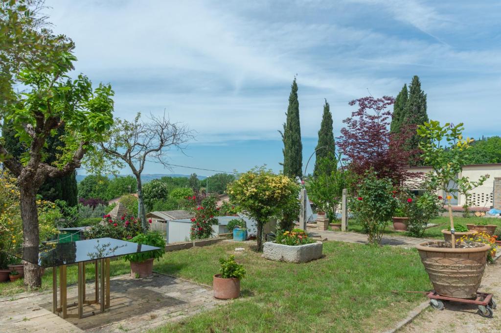 um jardim com uma mesa e algumas plantas e árvores em Assisi Green Country Apt with parking & Netflix em Assis