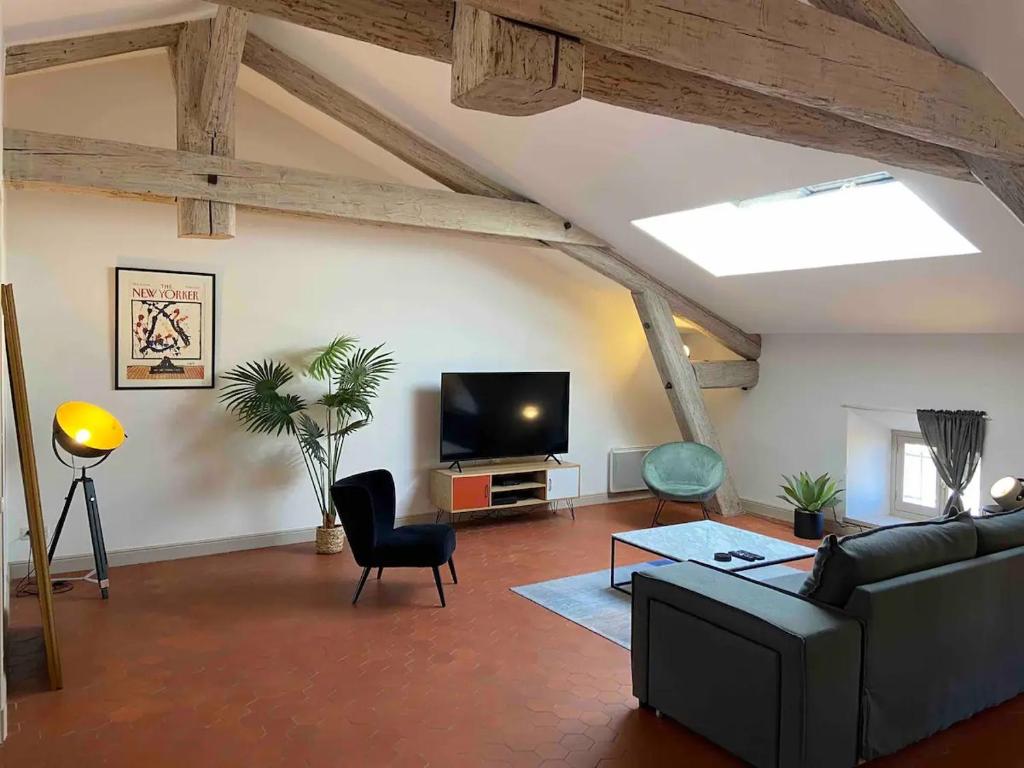 un salon avec un canapé et une télévision dans l'établissement Appartement de charme au cœur d'Avignon, à Avignon