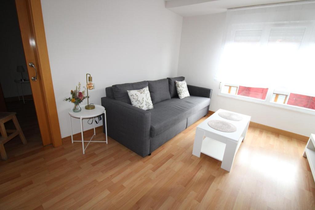un soggiorno con divano grigio e tavolo di Adosinda Suite a Gijón