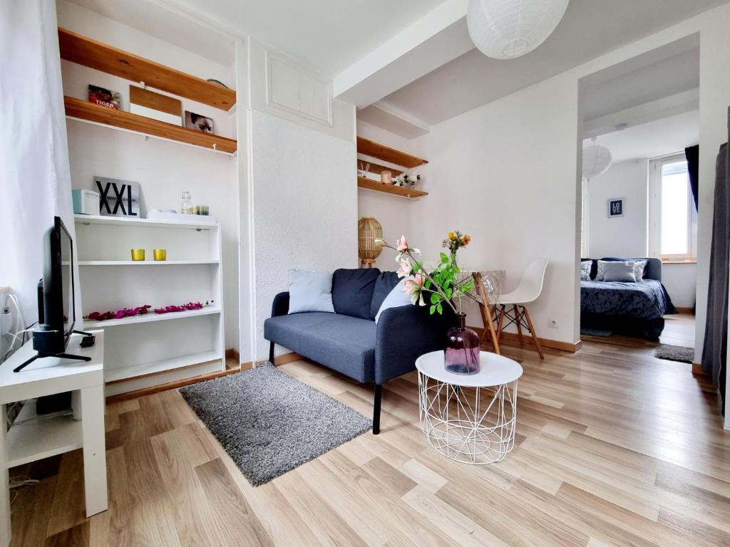 salon z niebieską kanapą i stołem w obiekcie Apartement Lille w Lille