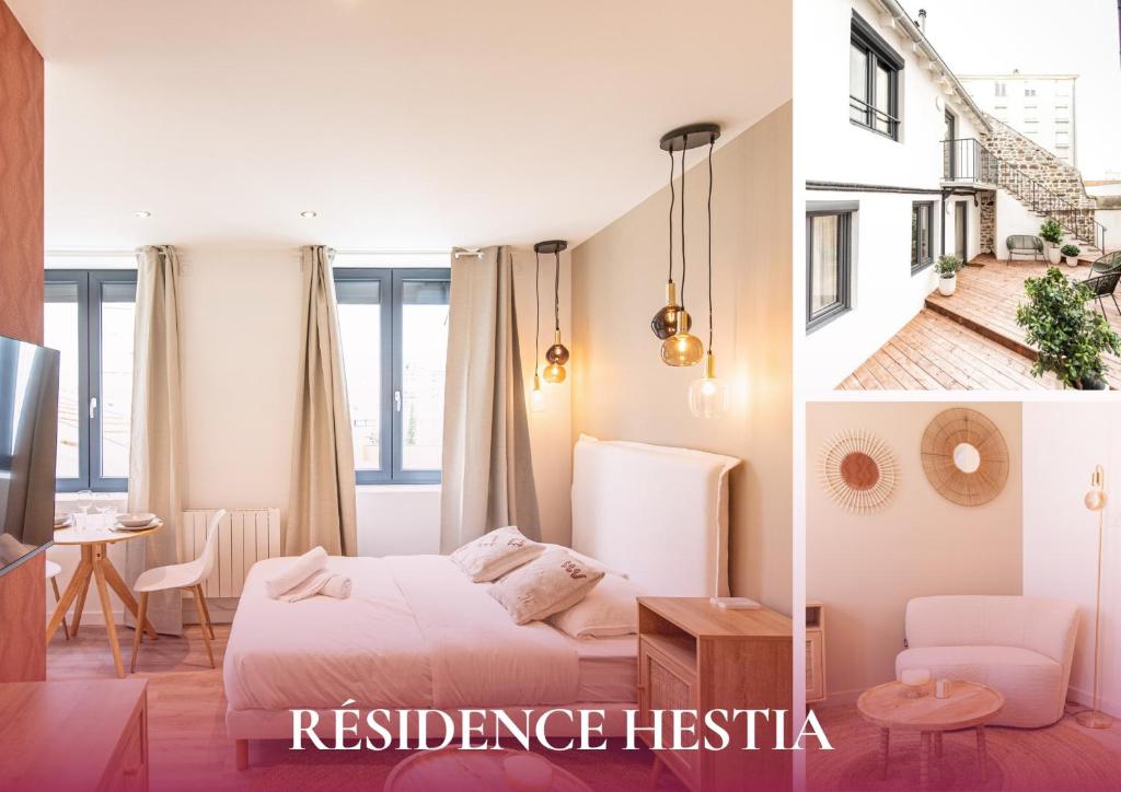 een hotelkamer met een slaapkamer met een bed en een tafel bij Morphée - Résidence Hestia in Saint-Étienne