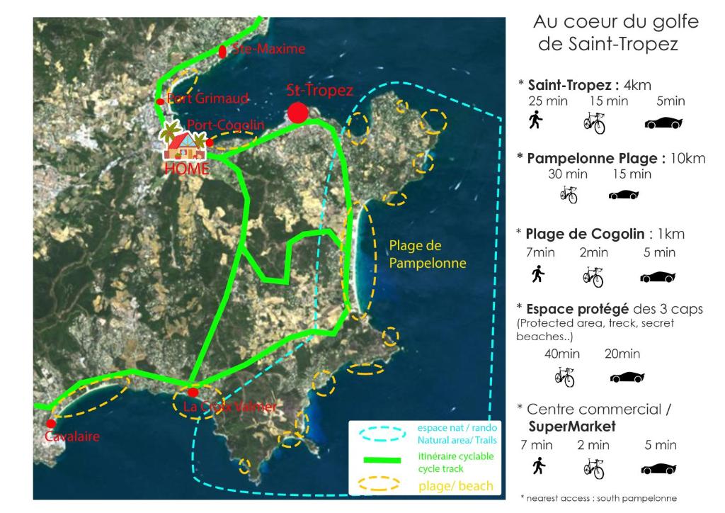 a map of the route of the upgrade at Studio mezzanine entier à 5min de la plage et de St tropez in Cogolin