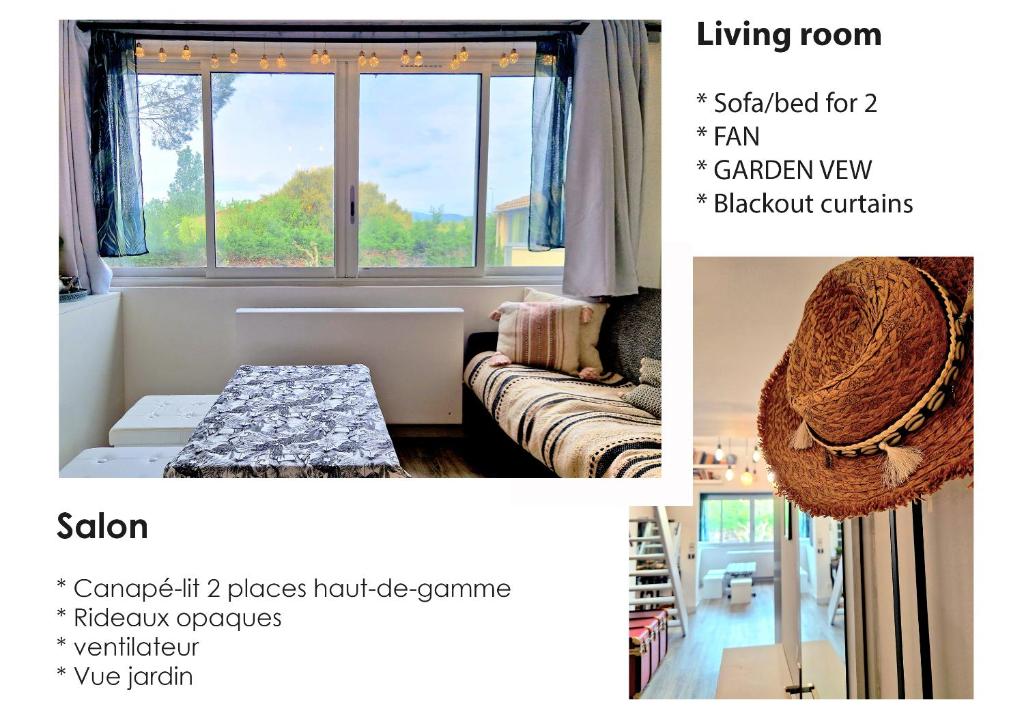 a collage of two pictures of a living room at Studio mezzanine entier à 5min de la plage et de St tropez in Cogolin