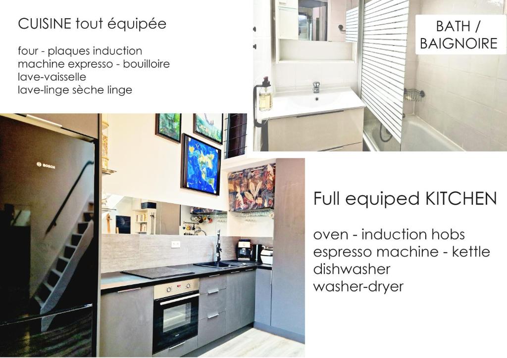 a collage of three pictures of a kitchen at Studio mezzanine entier à 5min de la plage et de St tropez in Cogolin