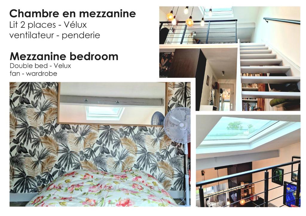 a collage of photos with a bed and stairs at Studio mezzanine entier à 5min de la plage et de St tropez in Cogolin